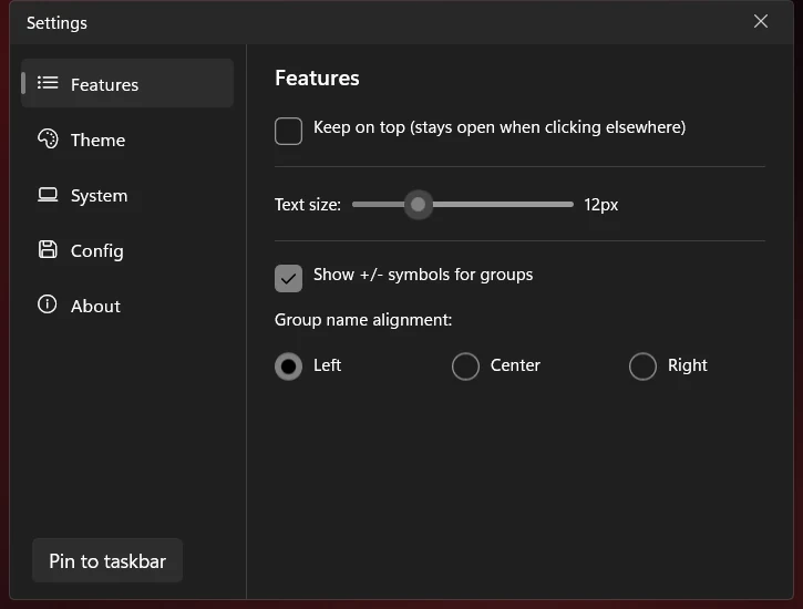The Settings window, with the categories Features, Theme, System, Config and About on the left and the Features page open