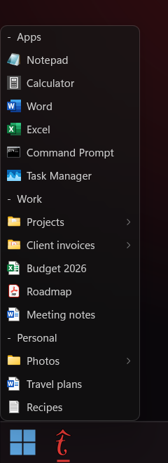 TaskbarList in the Aero theme, the desktop showing through its blurred background