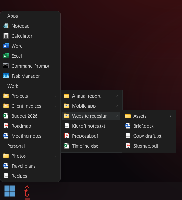 TaskbarList in the Dark theme, with a folder opened into sublists