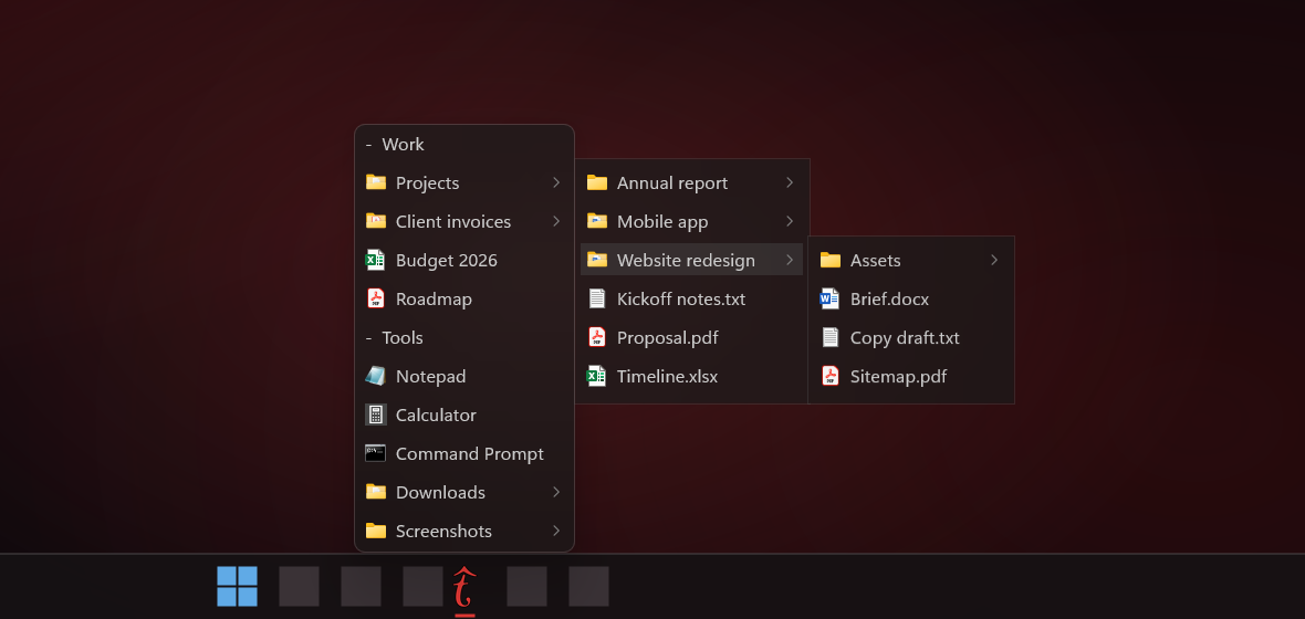 TaskbarList open above its taskbar icon, with the Projects folder expanded into two levels of sublists