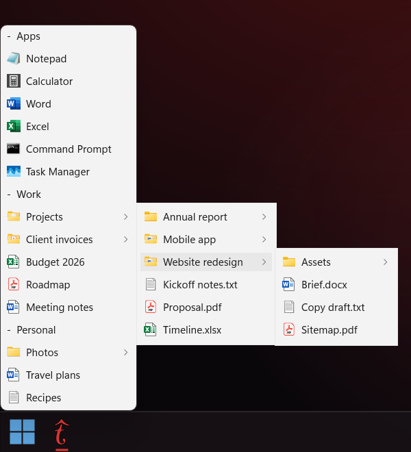 TaskbarList in the Light theme, with a folder opened into sublists